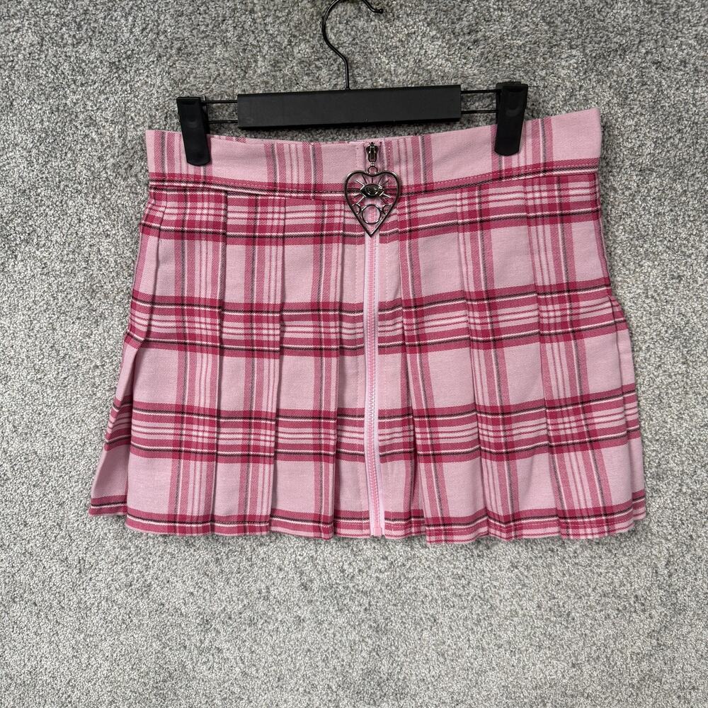 BodyRage Mini Skirt L Plaid Pleated Heart Charm Y2K Schoolgirl Preppy Coquette